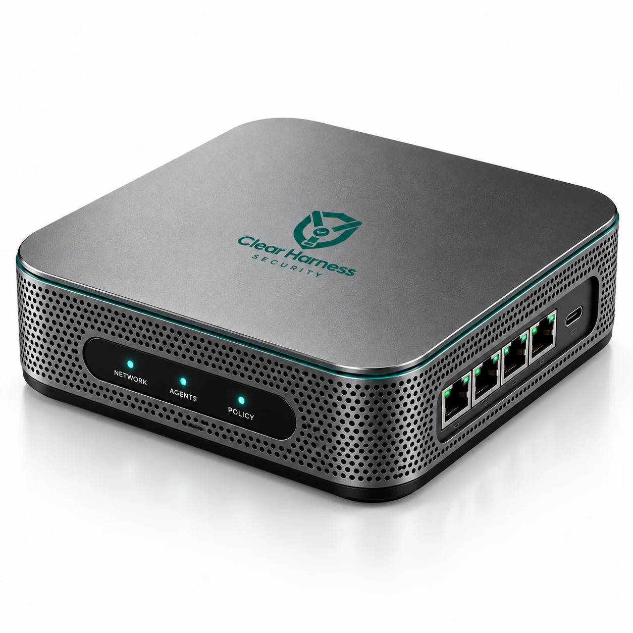 Clear Harness edge networking probe: a compact dark metal box with a perforated side panel, three status lights labelled Network, Agents and Policy, and Ethernet ports.